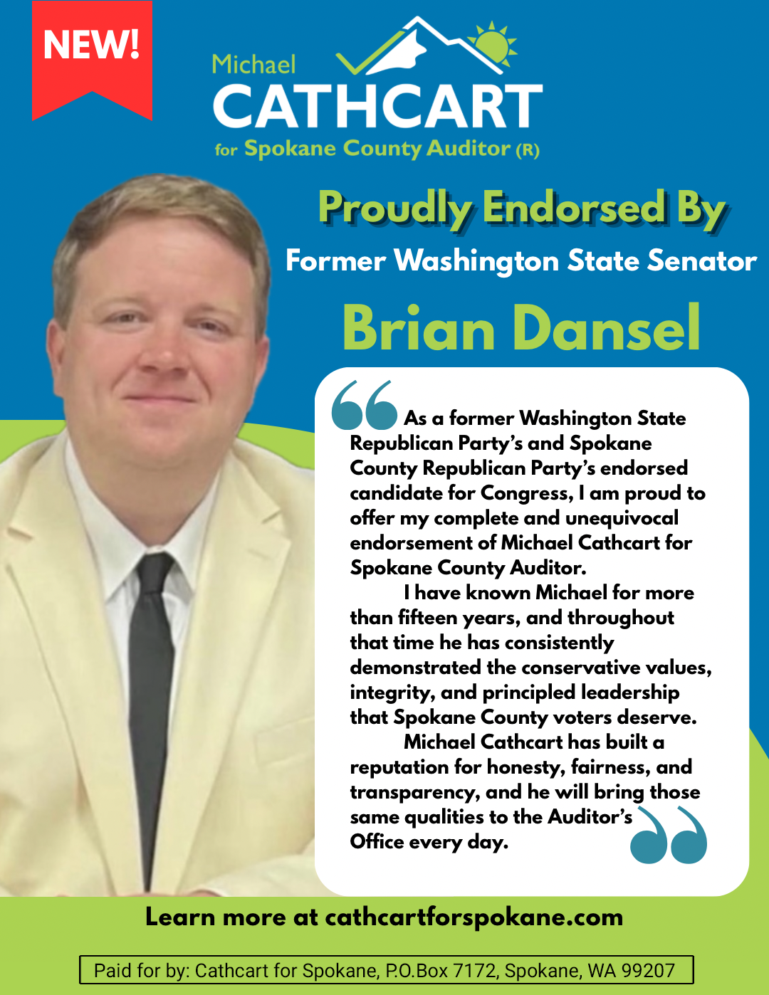 Brian Dansel endorsement of Michael Cathcart for Spokane County Auditor
